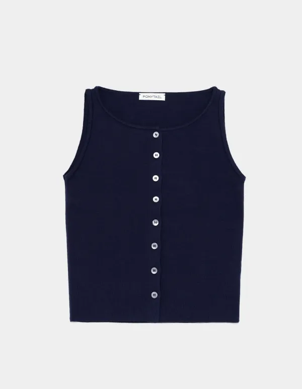 Erin Button-Front Sleeveless Knit (Navy)