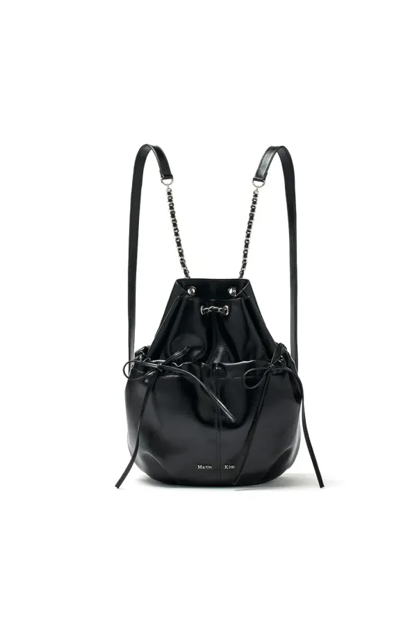 DRAW STRING RIBBON BACK PACK IN BLACK