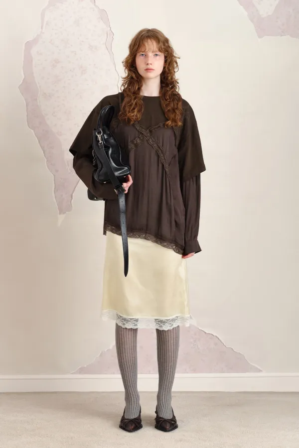 LACE LAYERED LONG SLEEVE TOP, BROWN - SUNBURNPROJECT