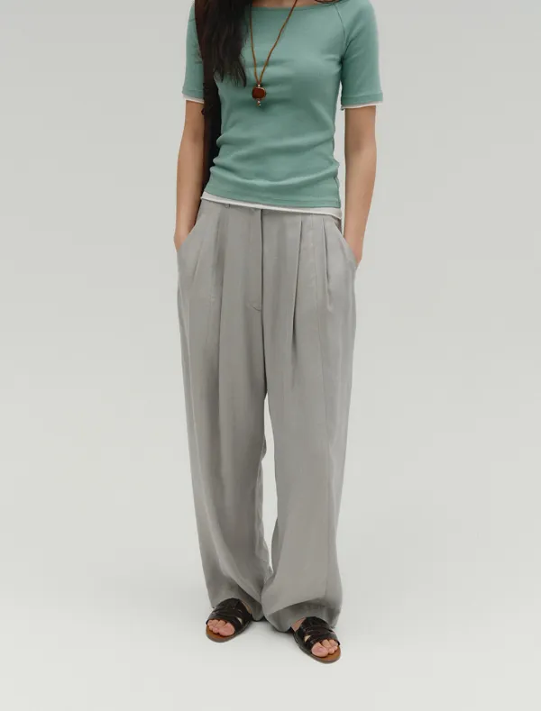LINEN WIDE TWO-TUCK PANTS [GREY]