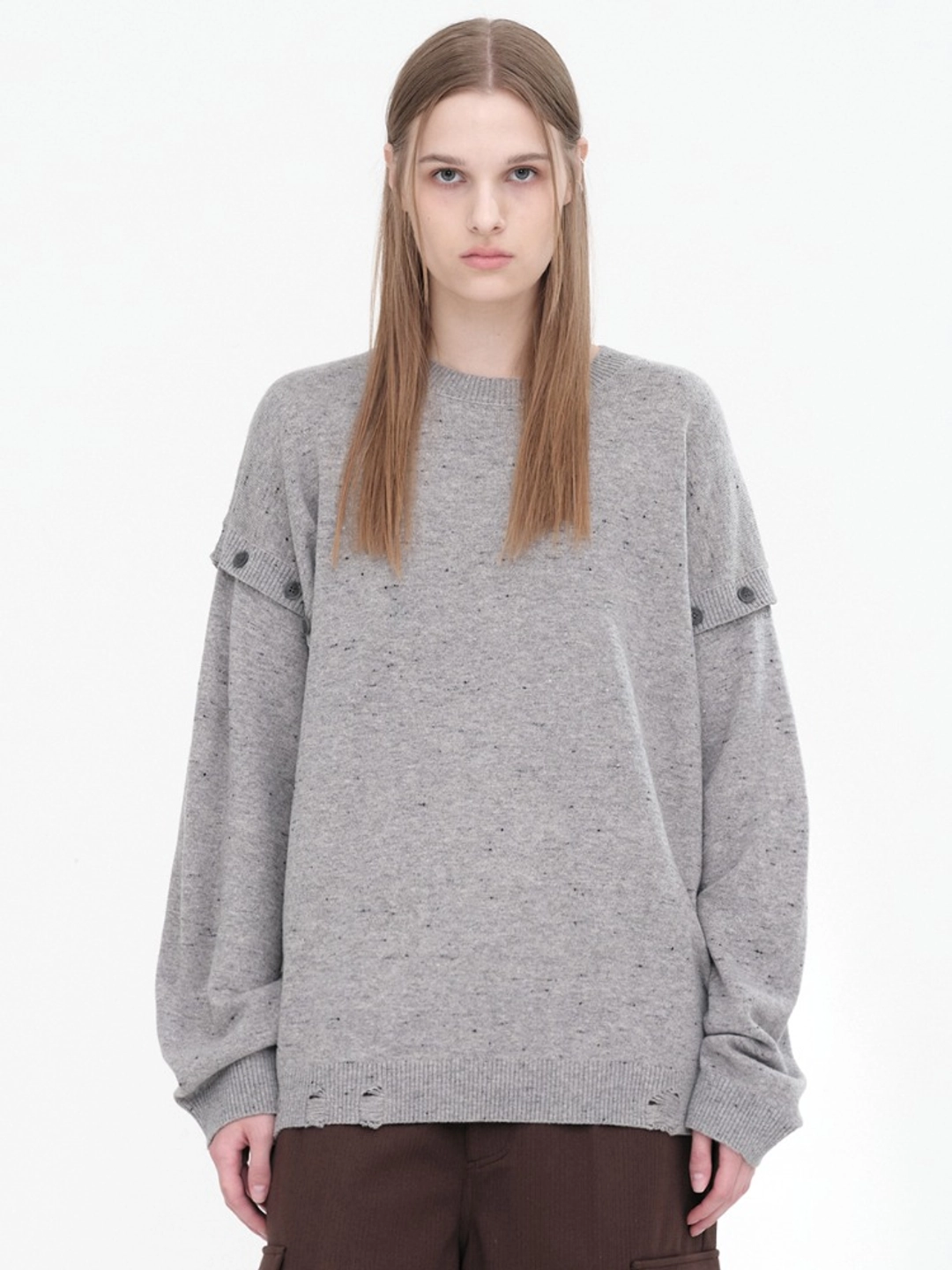 밀로 우먼 Button Damage Knit Top [Melange Gray] 상품 이미지 2