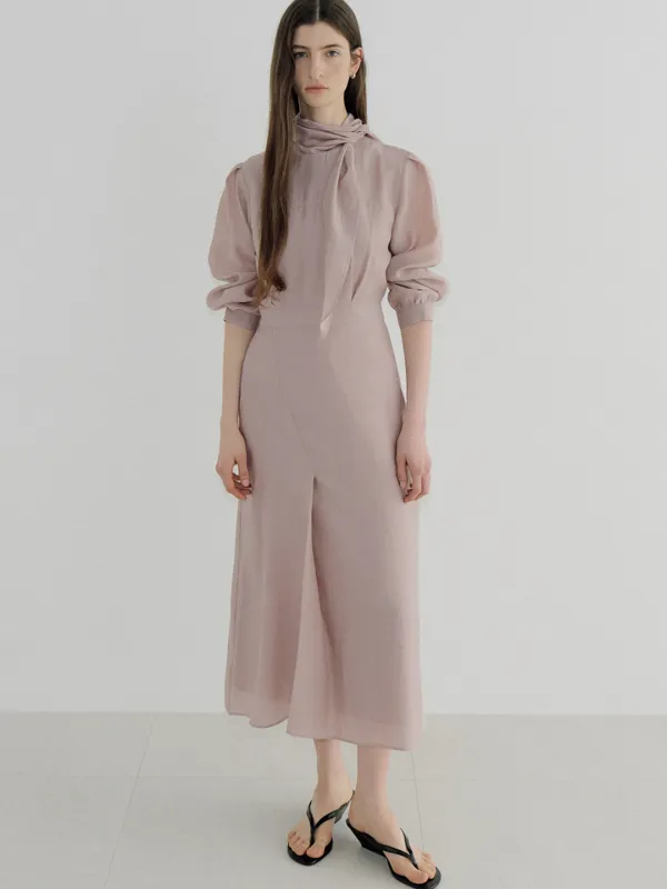 high neck tie dress (pink beige) orc 6118
