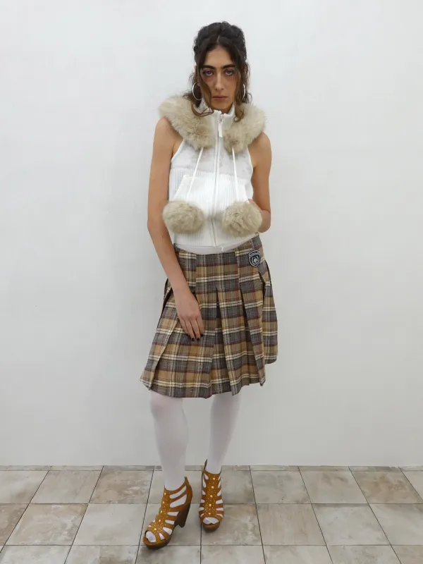 Plaid Pleated Midi Skirt Beige