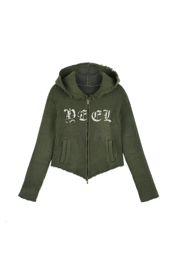 RIBBED KNIT ZIP-UP HOODIE KHAKI
