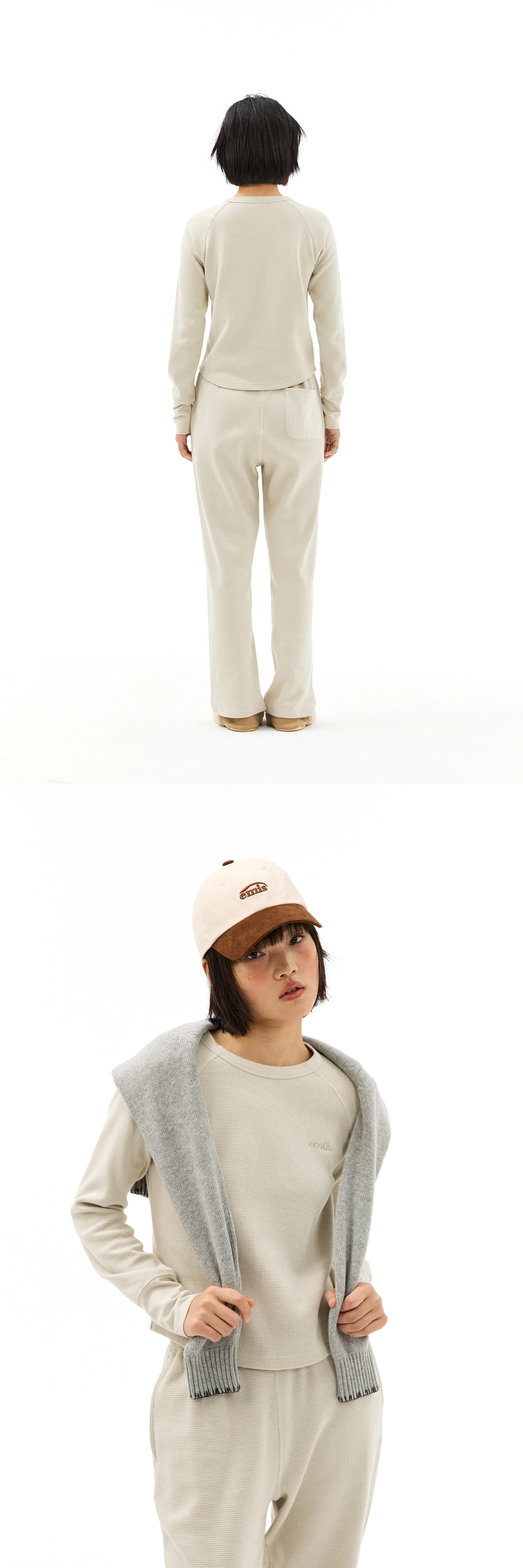 이미스 (W) WAFFLE RAGLAN LS T-SHIRT-BEIGE 상품 이미지 3
