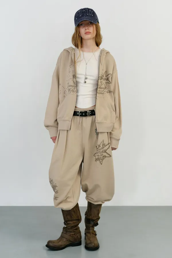 WASHED GRAPHIC ZIP UP HOODIE - BEIGE