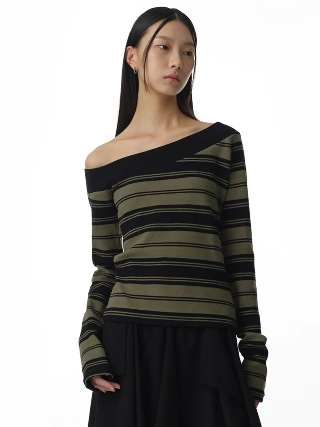 밀로 우먼 One Shoulder Striped T-Shirt [Deep Green] 상품 이미지 2