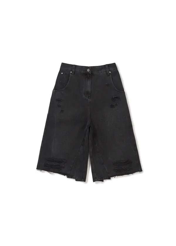 BACK-PLEATED DENIM SHORTS (BLACK)
