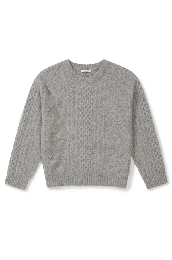[25FW clove] Cable Knit Crew Sweater (Light Grey)