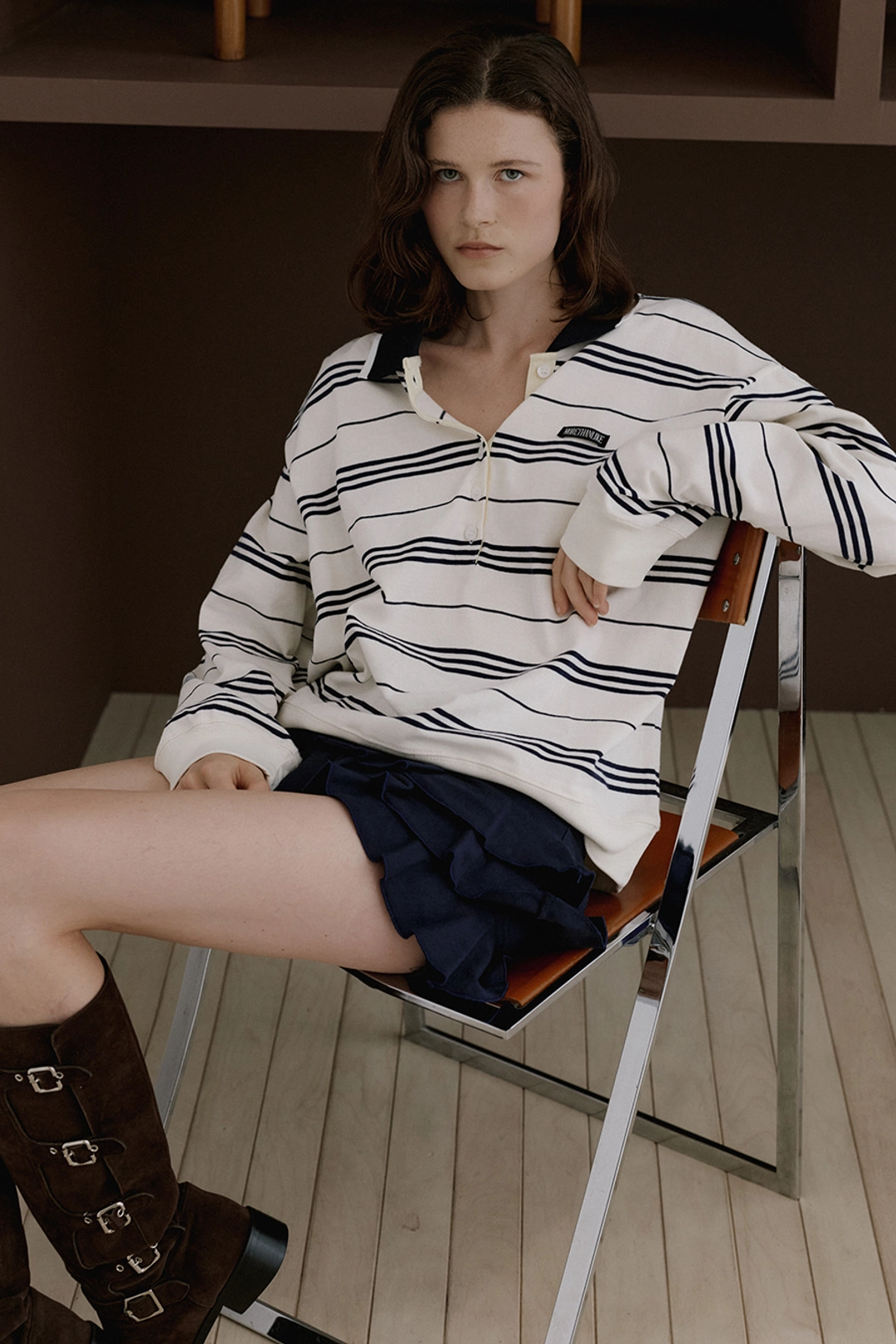 모어댄라이크 COLLAR STRIPE LONG SLEEVE TEE - IVORY 상품 이미지 1