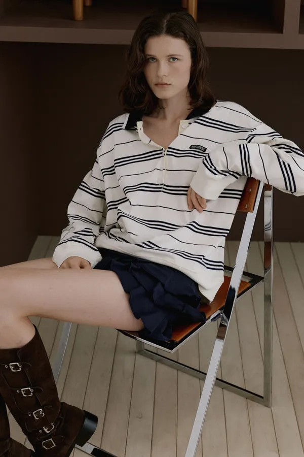 COLLAR STRIPE LONG SLEEVE TEE - IVORY