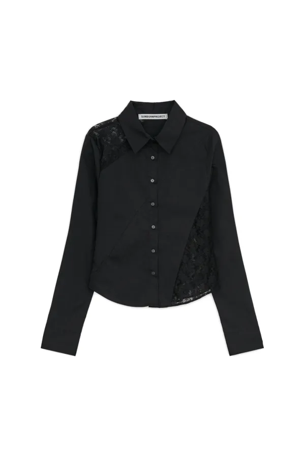 LACE ASYMMETRIC FITTED SHIRT, BLACK