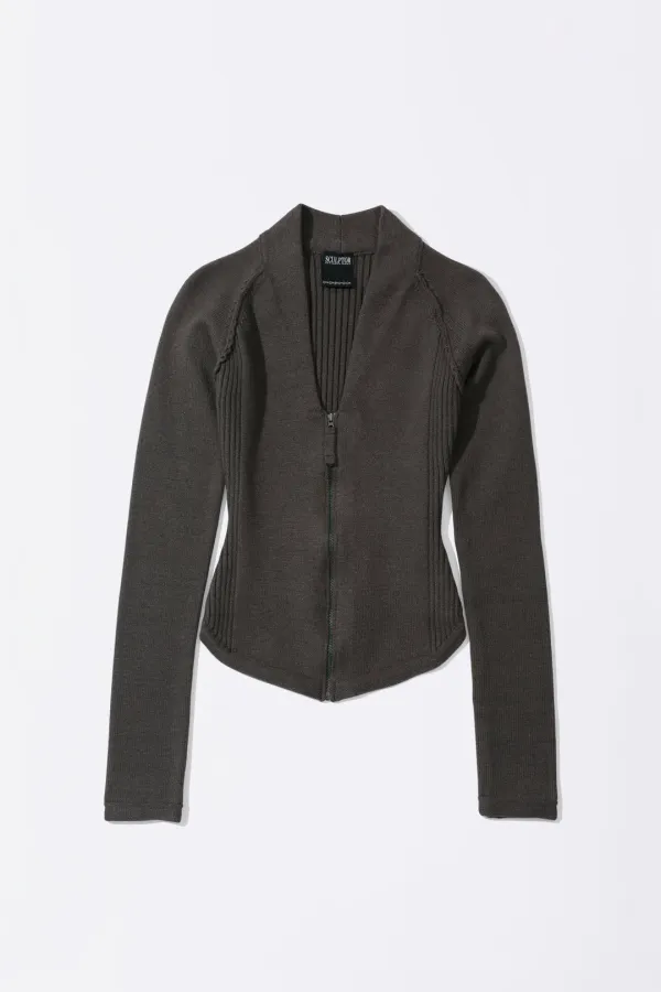 Open Collar Knit Zip-Up Mocha
