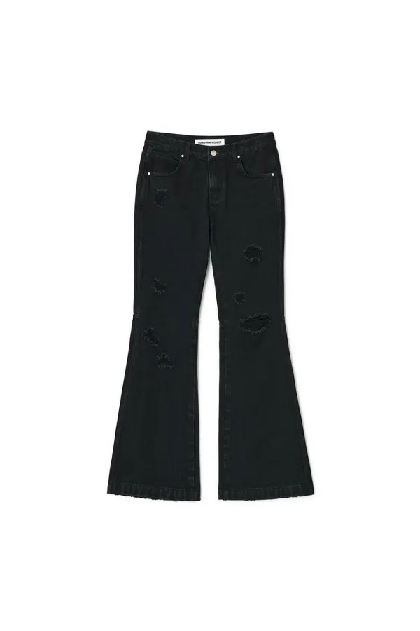 DISTROYED BOOTS CUT DENIM PANTS, BLACK