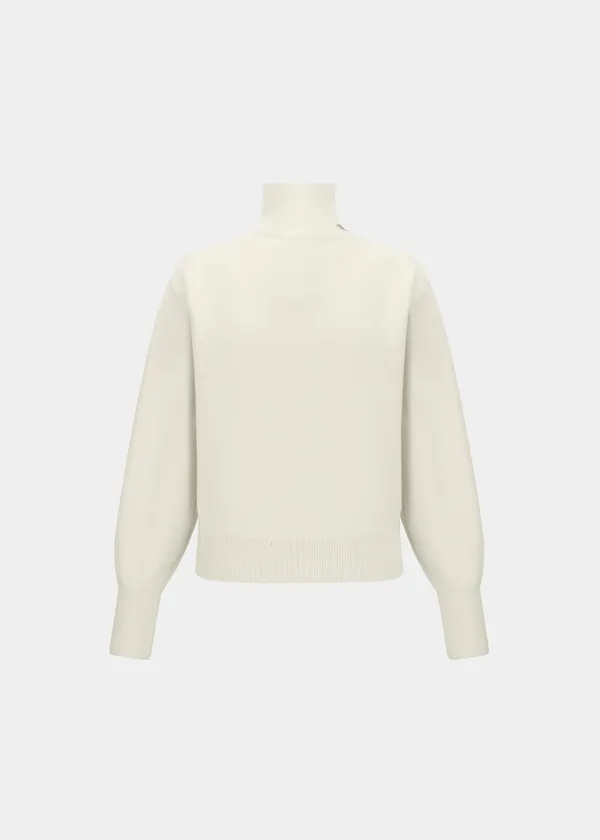 W VOLUME HIGH-NECK WOOL KNIT TOP - IVORY