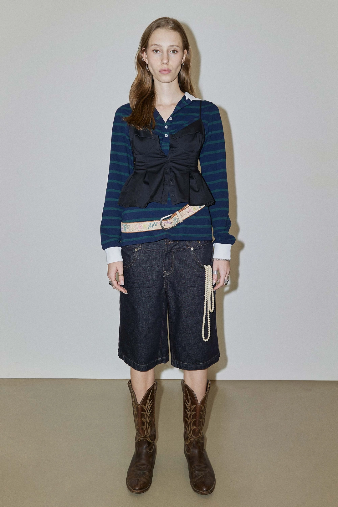 스컬프터 Shirring Tennis Shirt Navy/Green Stripe 상품 이미지 2