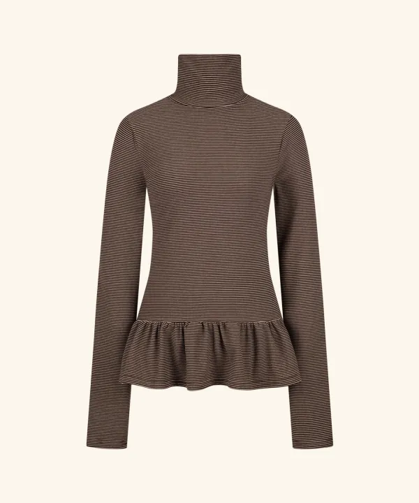 Stripe Two-Way Frill Turtleneck ( Brown )