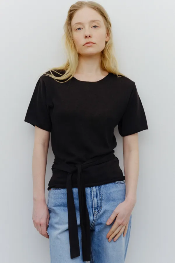 linen blend tie pullover (black)