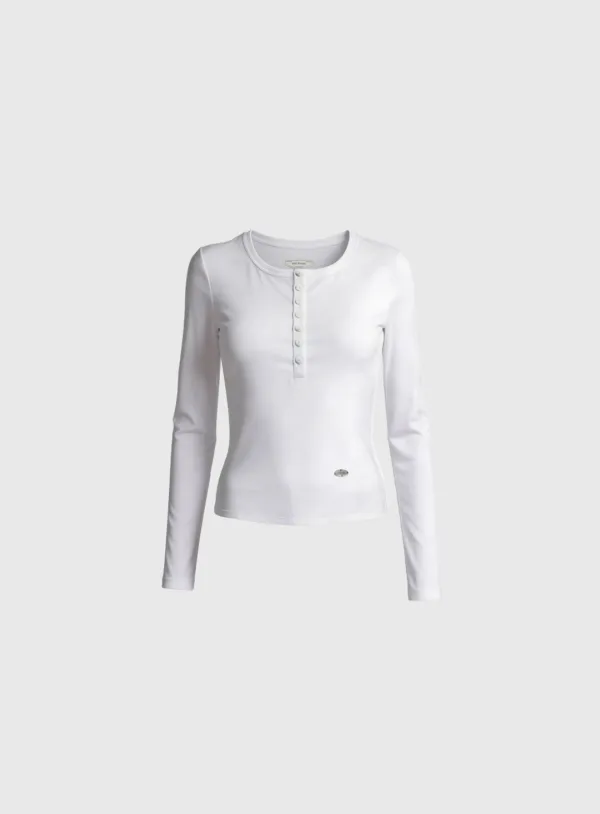 [w-tee26-057] Sleek Cotton Henley Neck Long Sleeve T-Shirt - White