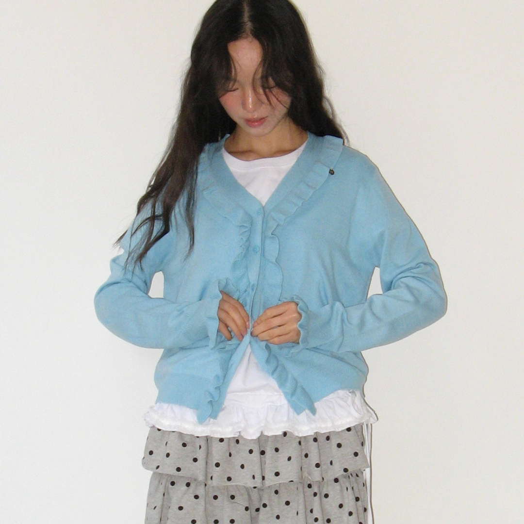 론론 SIDE RUFFLE V NECK KNIT CARDIGAN SOFT BLUE 상품 이미지 1