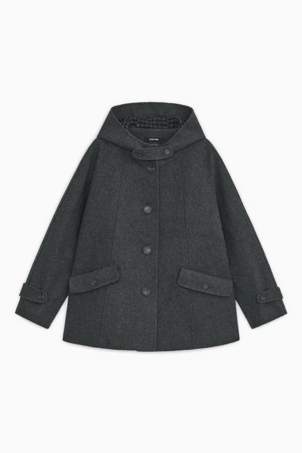 [10/6 SOON] CHECK LINING HOODED HALF COAT, CHARCOAL