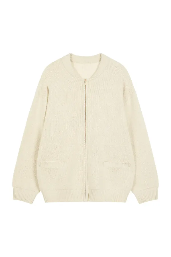 D JACQUARD LONG KNIT ZIP-UP IN BEIGE