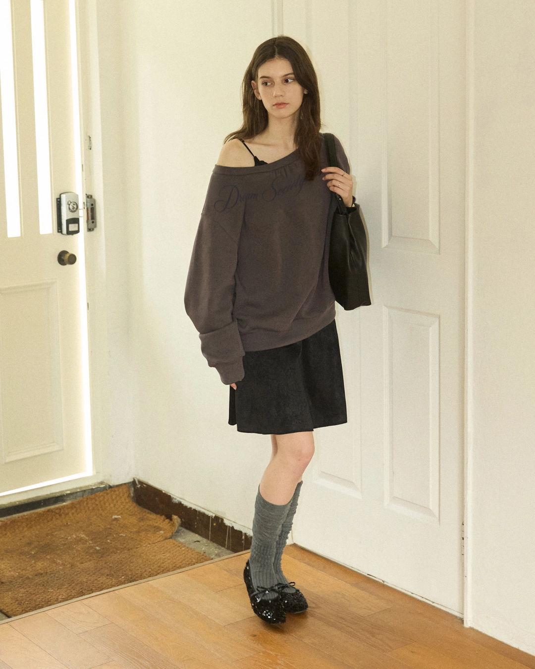 어다울 Drape layered long sleeve t shirt - charcoal 상품 이미지 3