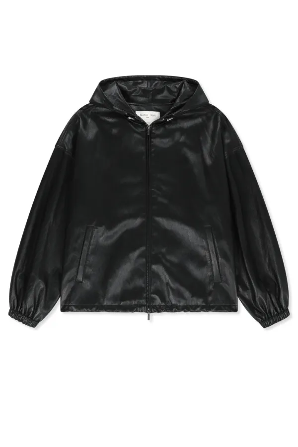 FAUX LEATHER APPLIQUE LOGO HOODY JUMPER IN BLACK
