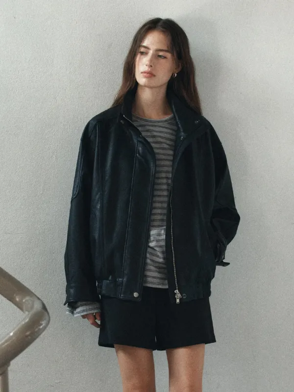 High-neck oversized leather jumper [KNFW06JP07]_Black