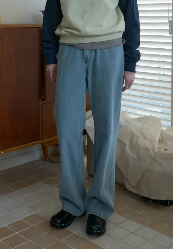 Straight washing denim pants (light blue)