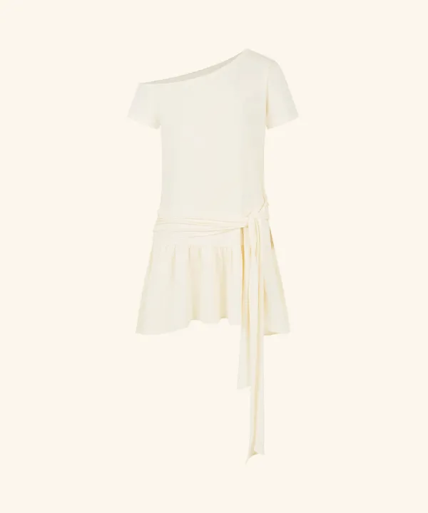 Ribbon Tie Asymmetrical Dress (Cream)
