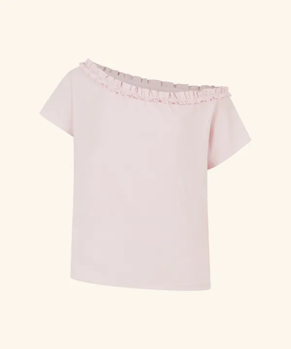 [레귤러 6/10, 오버핏 6/15 순차배송] Sove Frill One-Shoulder Short Sleeve T-Shirt (Baby Pink)