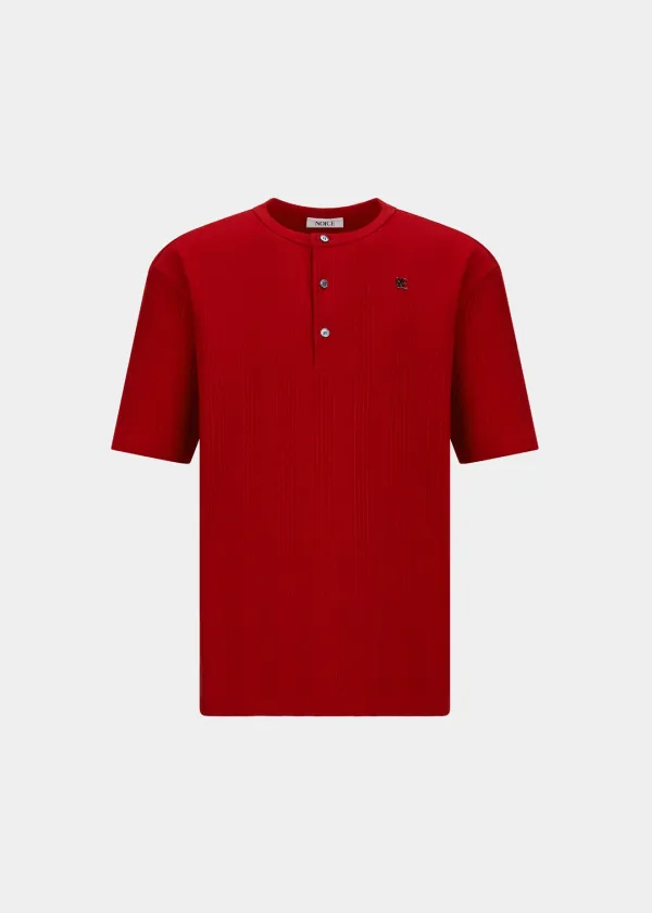 COTTON RIBBED HENLEY NECK - RED