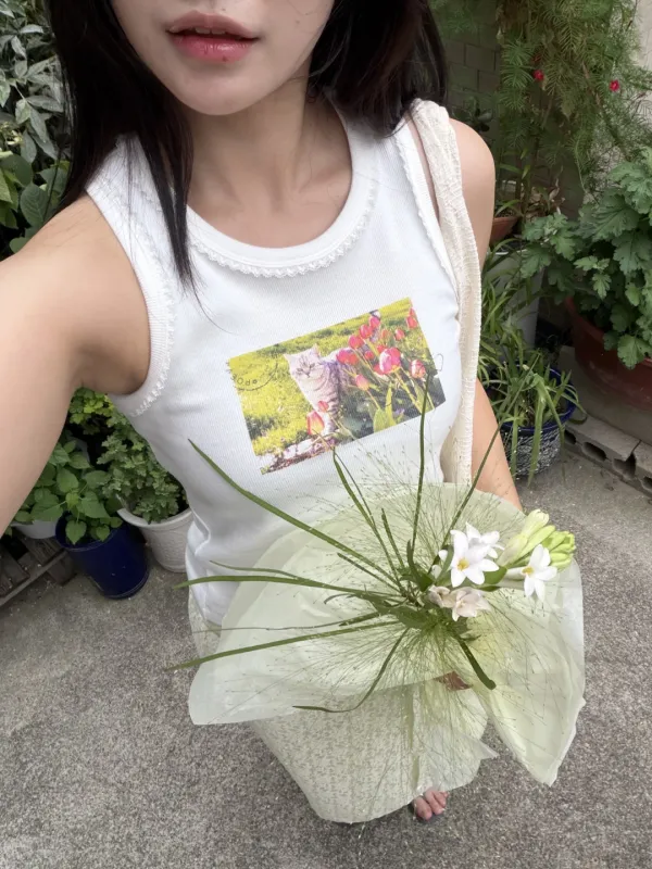 Flower Cat Tank Top - White