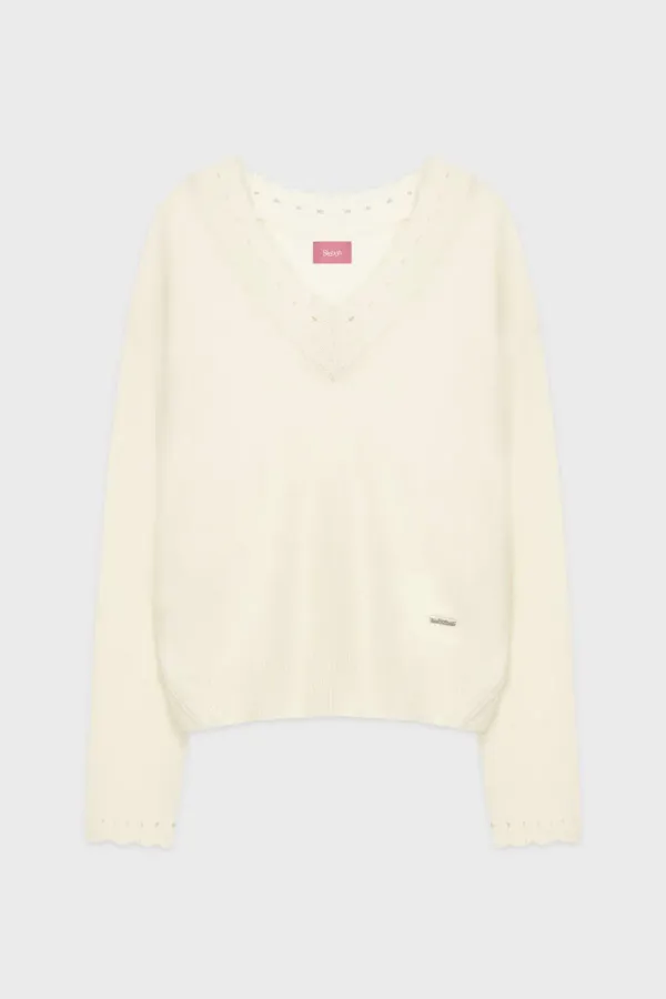 Scallop V-Neck Pullover Knit (Cream)