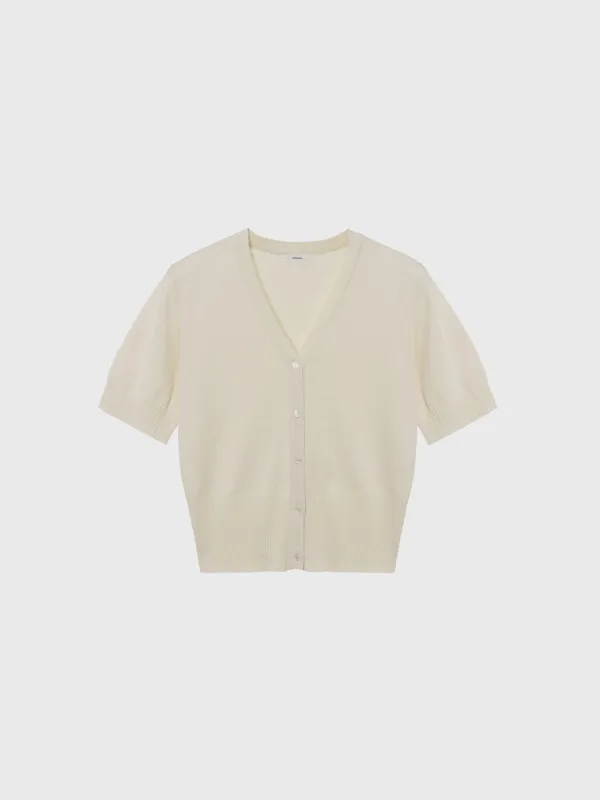 Basic short sleeve cardigan (ivory / light gray / khaki brown)