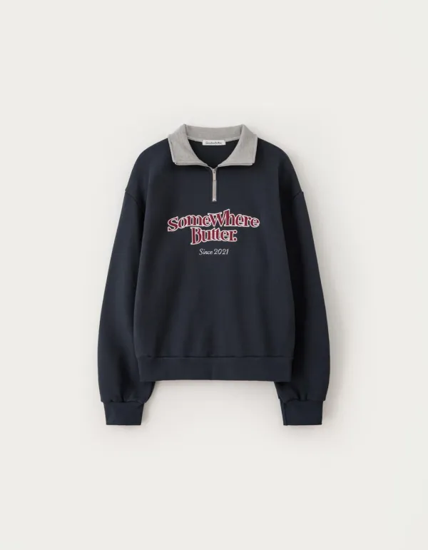 Wave Logo Half Zip-Up Sweatshirt - Navy