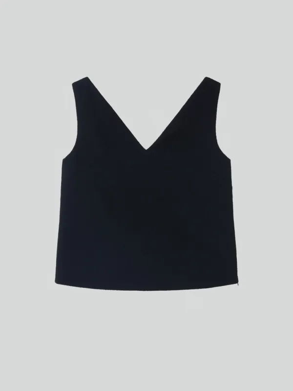 WOOL TWEED V-NECK TOP (BLACK)