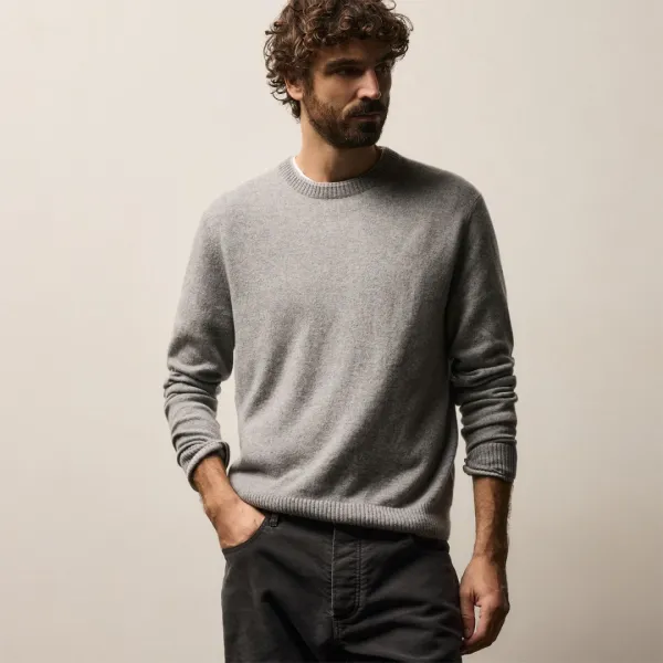 Contrast Trim Cashmere Crew - Heather Grey/Pearl