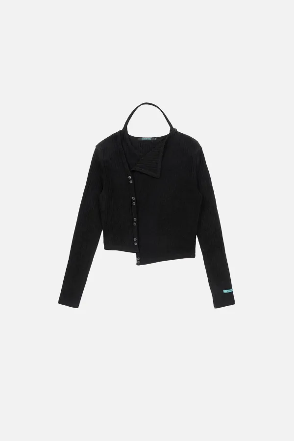 RIB HALTER CARDIGAN SET UP - BLACK