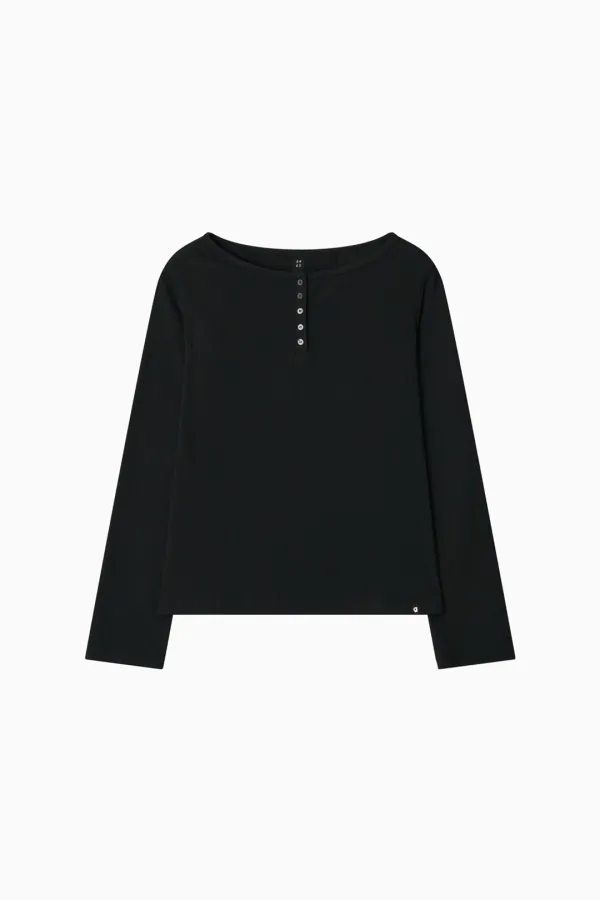 HENLEY NECK BUTTON LONG SLEEVE, BLACK