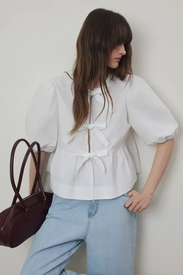 Claire Three-Strap Puff Sleeve Ribbon Blouse_White