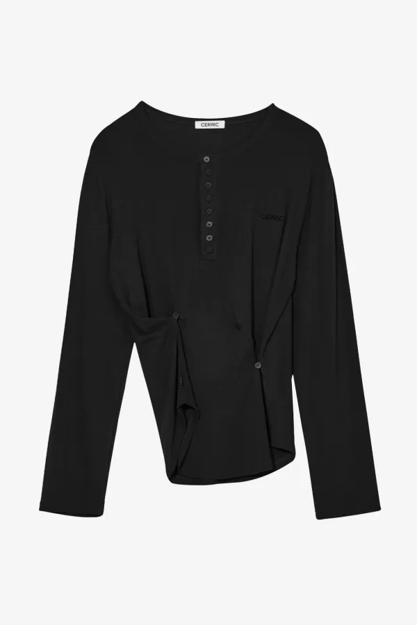 Button Henley Neck Top _ Black