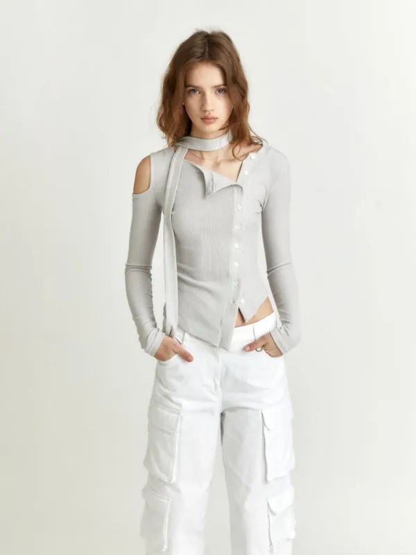 [6th] VIENNE Unbalanced Cut-Out Detail Knitted Cardigan_Gray
