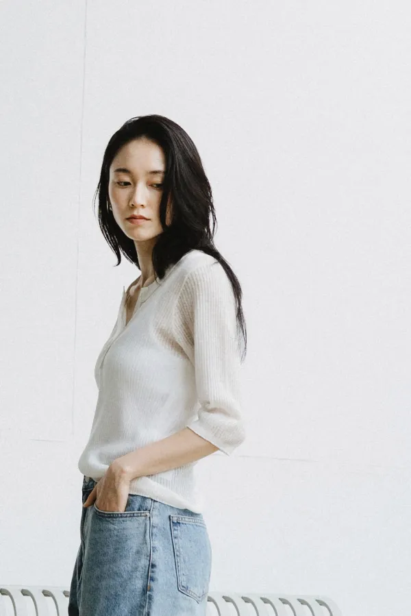 20611_Ribbed henley 3/4 sleeve knit top
