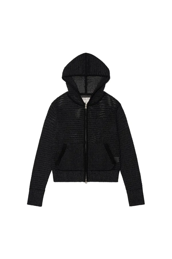 TWO TONE MESH KNIT HOODY ZIP UP IN BLACK