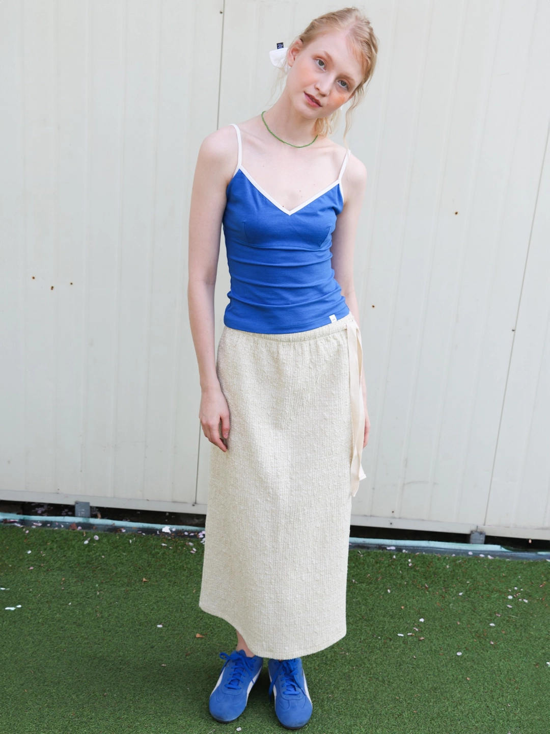 포에브 Melange Knit Long Skirt - Sage Green 상품 이미지 2