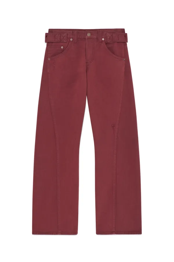 WAIST BUCKLE CURVED DYING DENIM PANTS IN RED