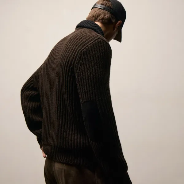 Heavy Rib Cashmere Zip Front Sweater - Kona/Black