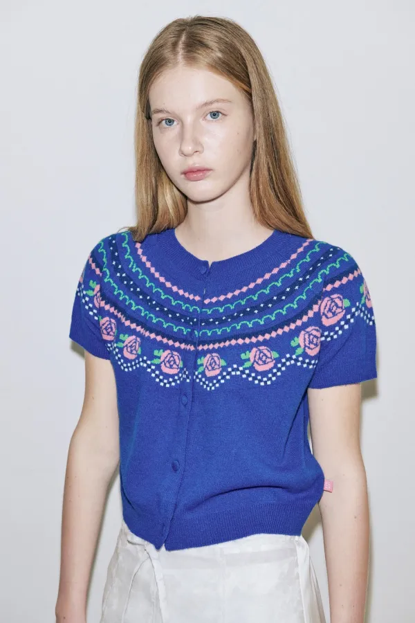 [하츠투하츠 스텔라 착용] Rose Jacquard Short-Sleeve Cardigan (Blue)